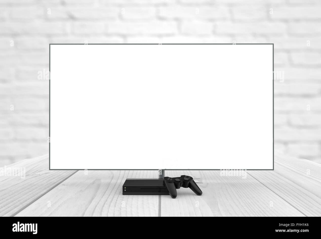 Vuoto sullo schermo della televisione con la console di gioco e gamepad generati digitalmente Foto Stock