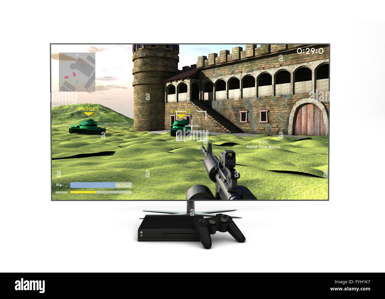 Computer giochi e intrattenimento concetto tecnologico: 3d generati televisione lcd, gamepad e console di gioco con isolati shoote Foto Stock