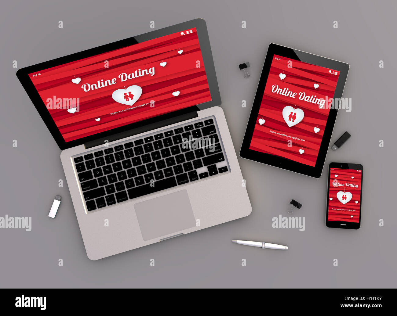 3D render di online dating dispositivi sensibili con computer laptop, tablet pc e smartphone touchscreen. Vista Zenith. Tutti i macereti Foto Stock