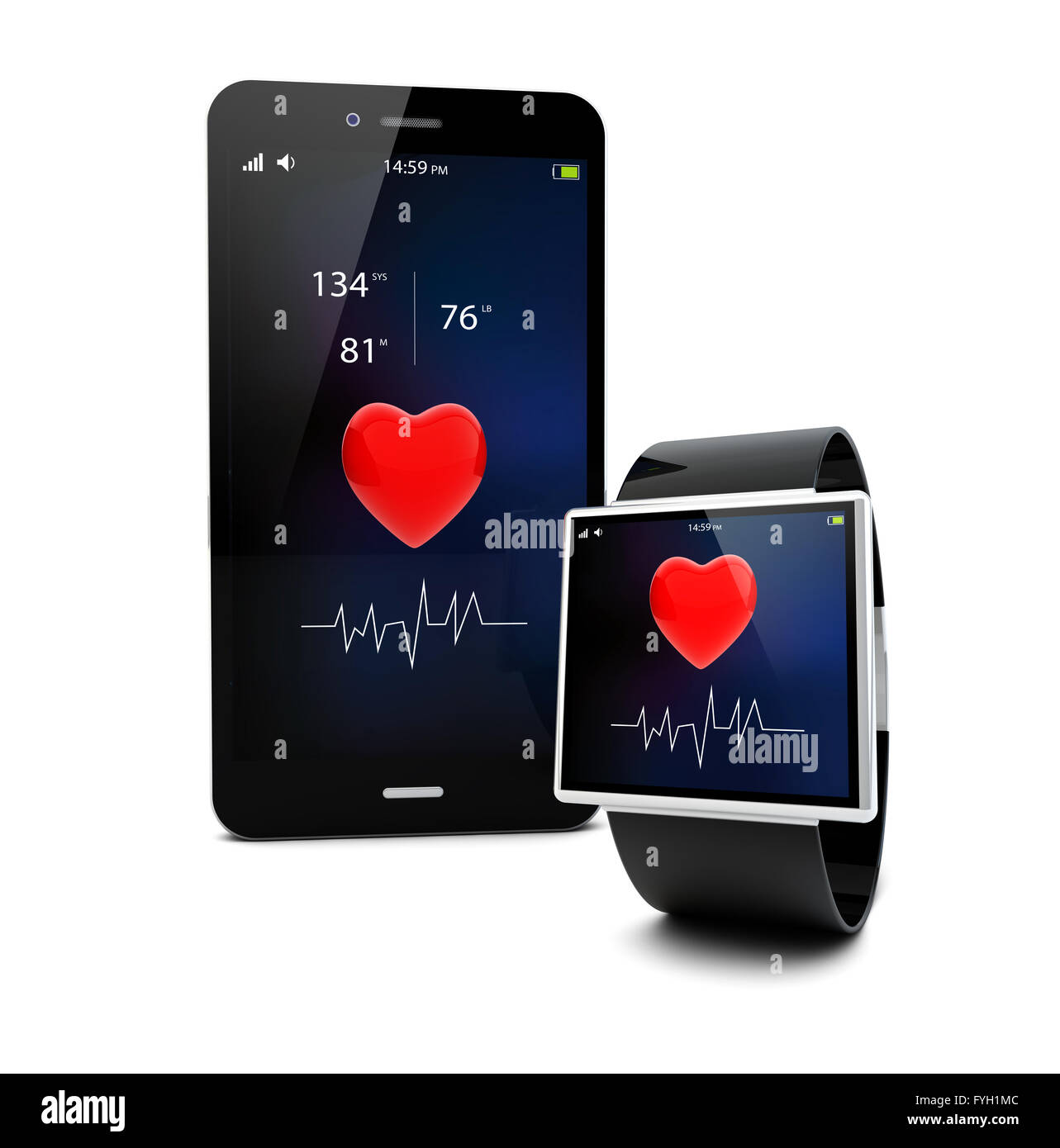 App per la salute il concetto di connettività: smart watch e smartphone touchscreen isolati su sfondo bianco Foto Stock