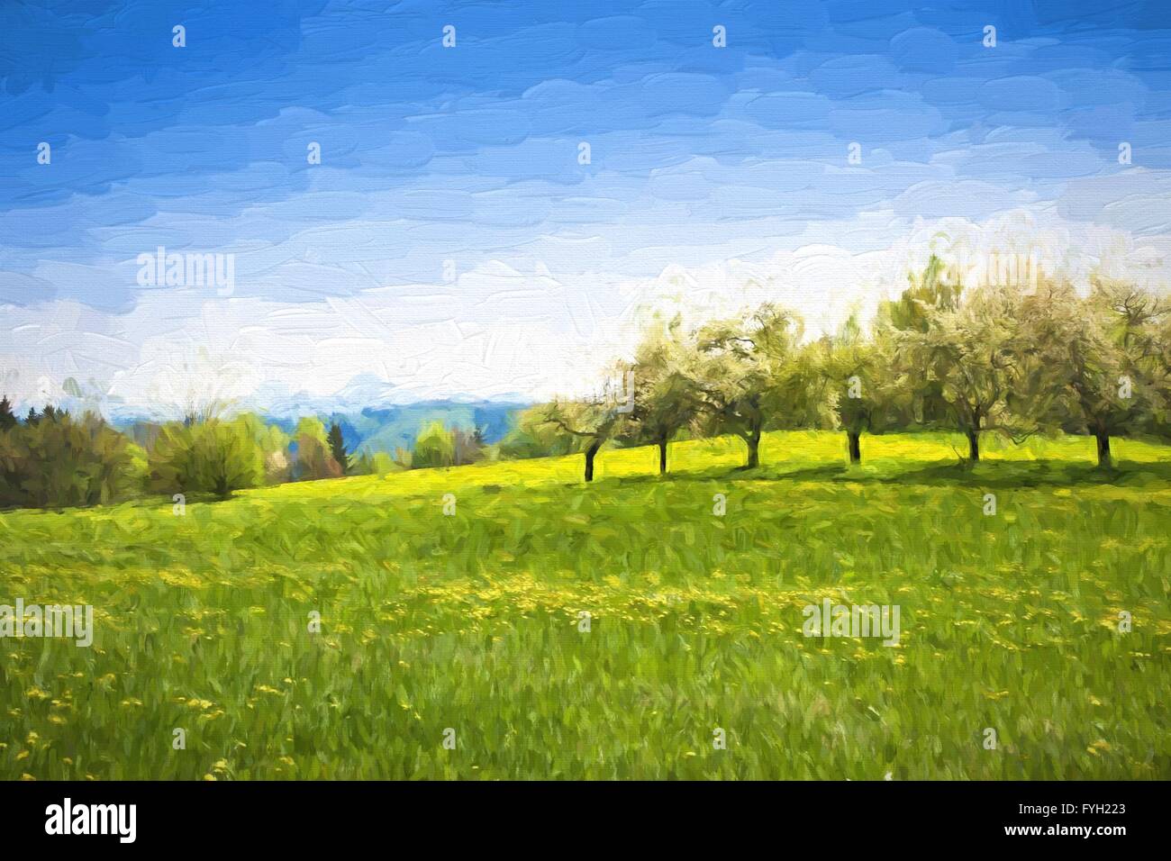 Dipinto a olio paesaggio di primavera - prato verde e alberi da frutto. Olio originale pittura su tela. Foto Stock