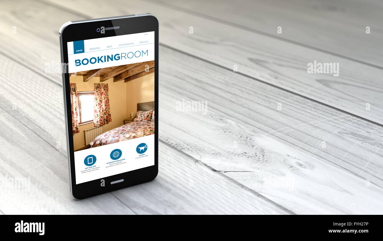Digital generato smartphone con prenotazione sito su bianco sullo sfondo di legno. Tutti i grafici dello schermo sono costituiti. Foto Stock
