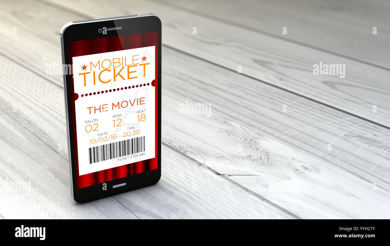 Digital generato smartphone con i biglietti del cinema in bianco sullo sfondo di legno. Tutti i grafici dello schermo sono costituiti. Foto Stock