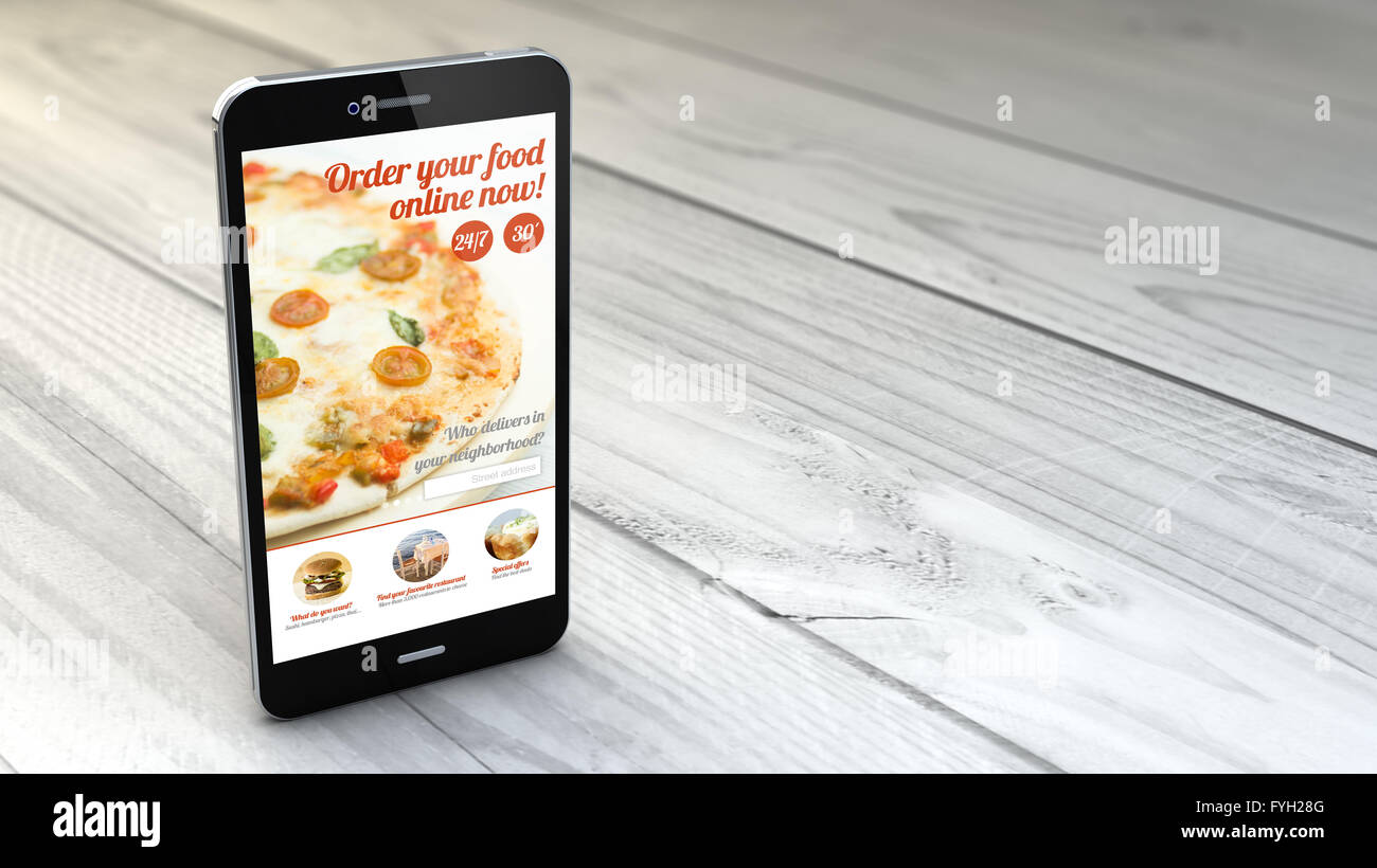 Digitale smartphone generato che mostra un ordine online sito web pizza bianca su sfondo di legno. Tutti i grafici dello schermo sono costituiti. Foto Stock