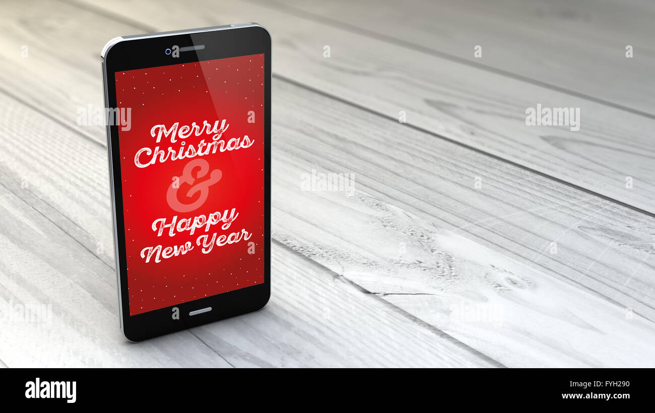 Digital generato smartphone con auguri di Natale bianco su sfondo di legno. Tutti i grafici dello schermo sono costituiti. Foto Stock