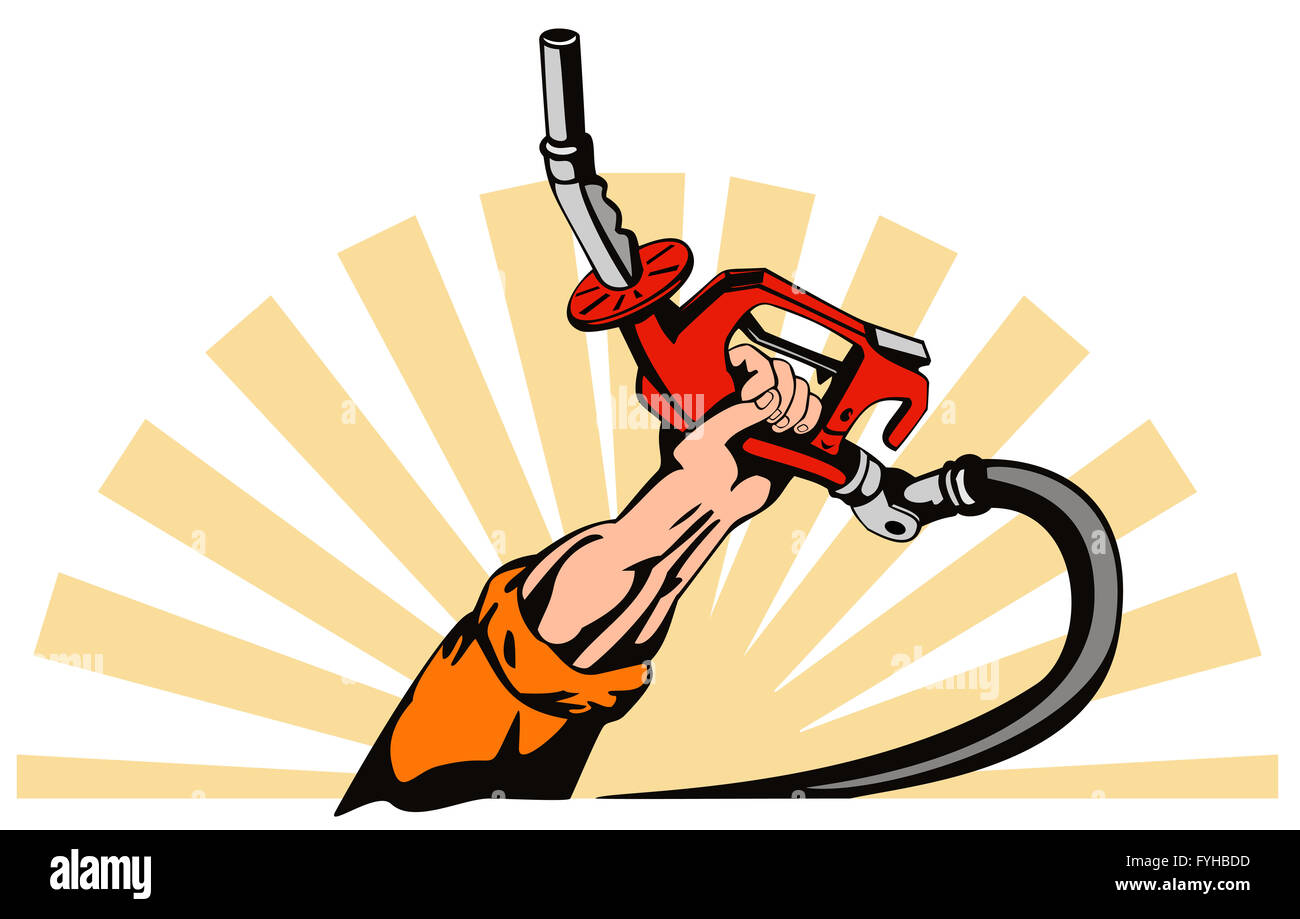 Mano che trattiene il gas combustibile ugello della pompa Foto Stock