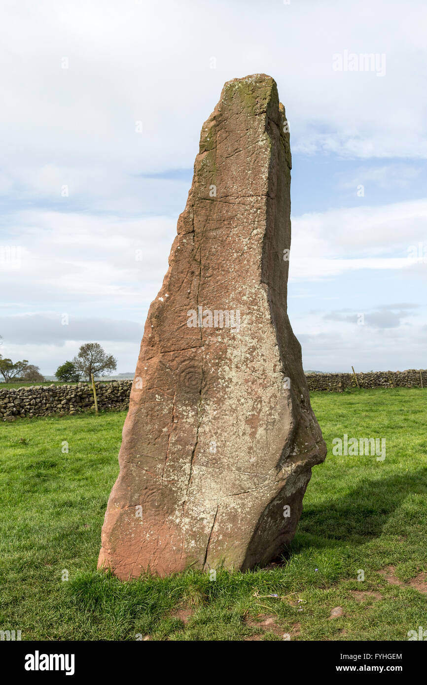 Pietra con incisioni in Long Meg stone circle, Cumbria, England, Regno Unito Foto Stock