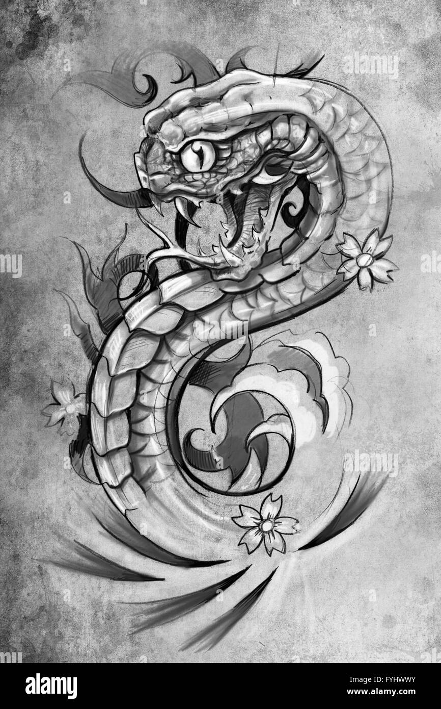Tattoo snake illustrazione, disegnare a mano su carta vintage Foto Stock
