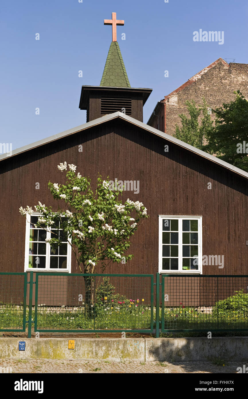 Lilac tree (Syringa vulgaris) davanti a una chiesa Foto Stock