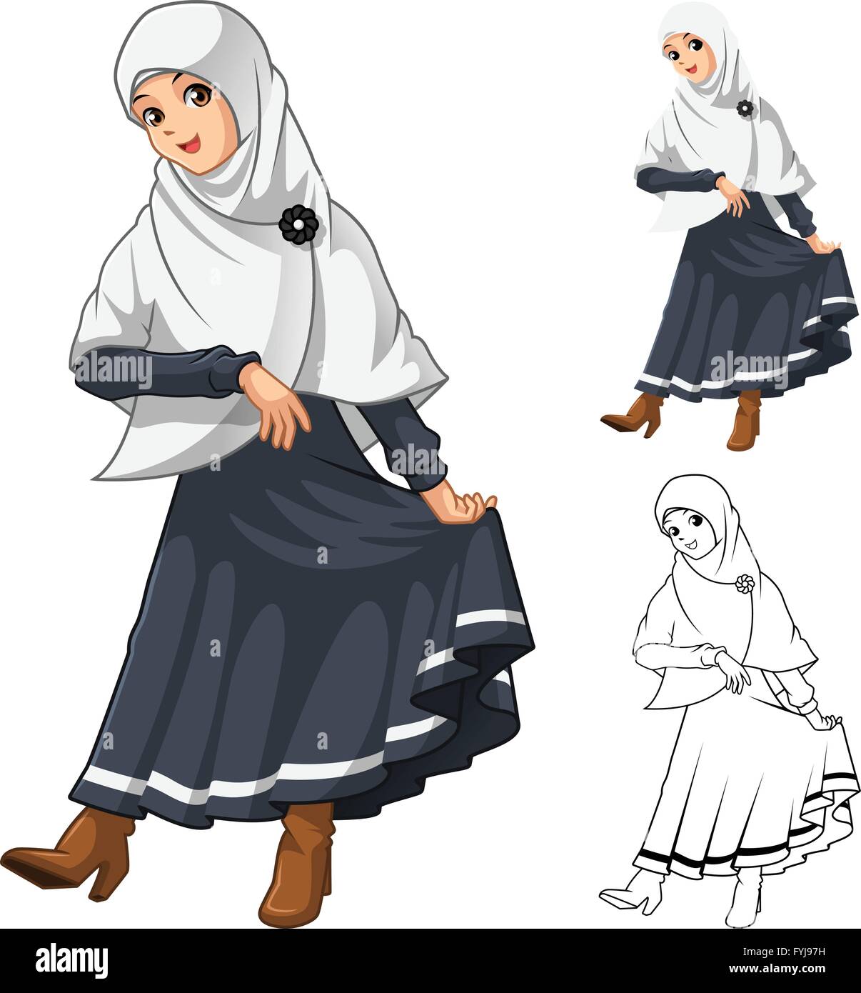 Ragazzina musulmana moda indossando bianco velo o sciarpa con Grazie pongono e vestito nero vestito includono design piatto e delineato la versione Illustrazione Vettoriale