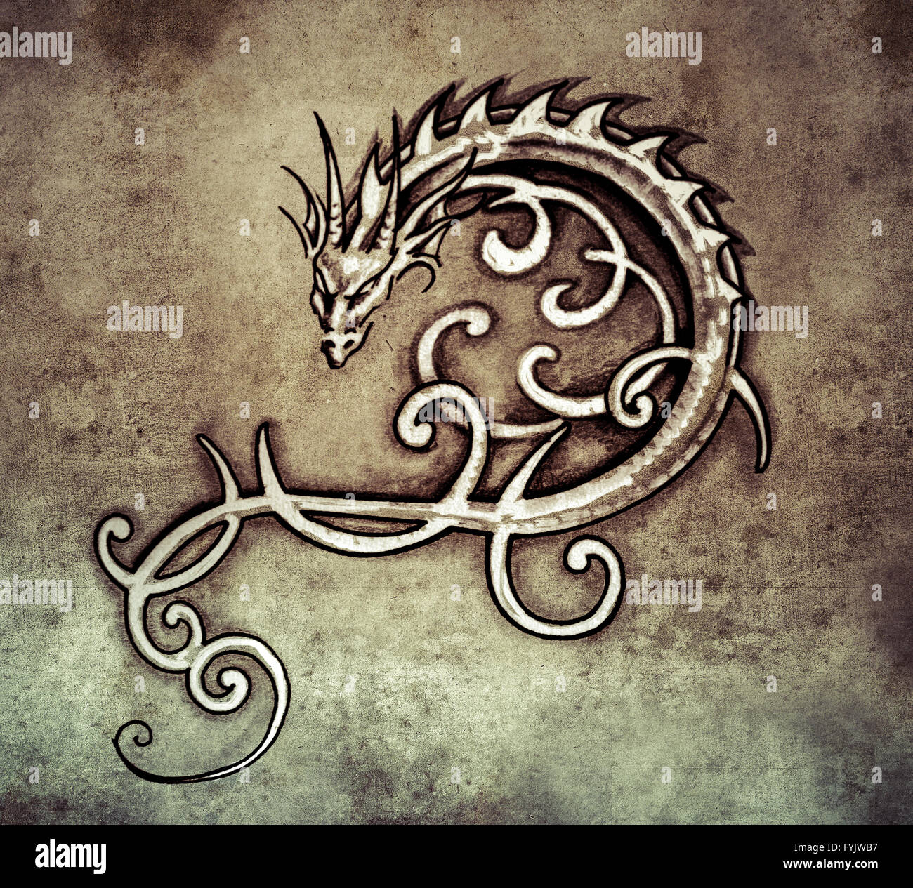 Schizzo di arte del tatuaggio, decorativi dragon Foto Stock