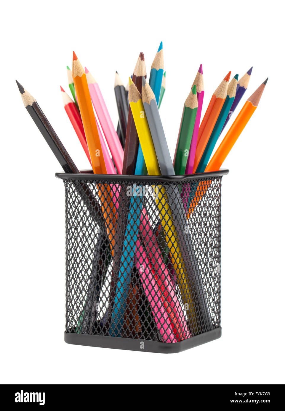 Varie matite colorate in contenitore metallico Foto Stock