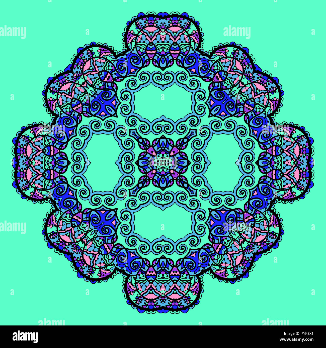 Fiore di Trippy. Tecnica di acido Mandala orientali oltre il colore verde brillante. Elemento di design. Foto Stock