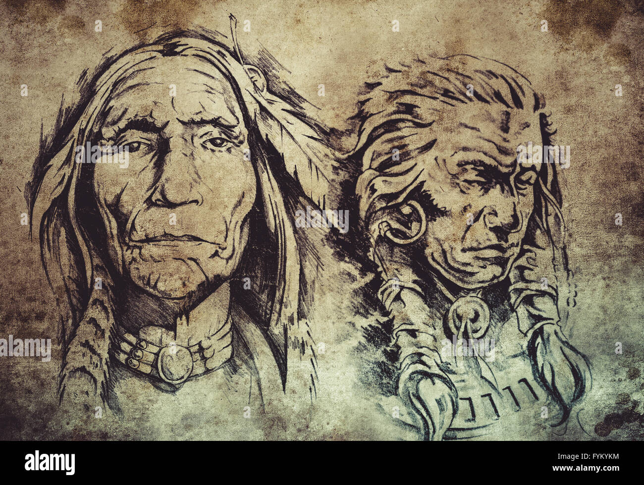 Tatuaggio schizzo di American Indian anziani Foto Stock