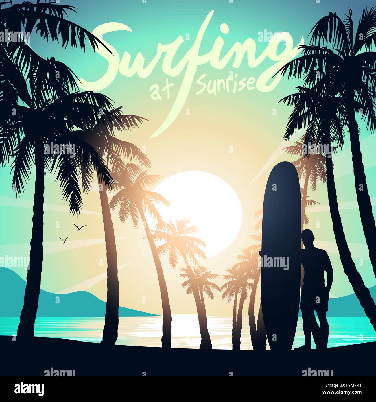 Navigazione a Sunrise con un longboard surfer . Illustrazione Vettoriale