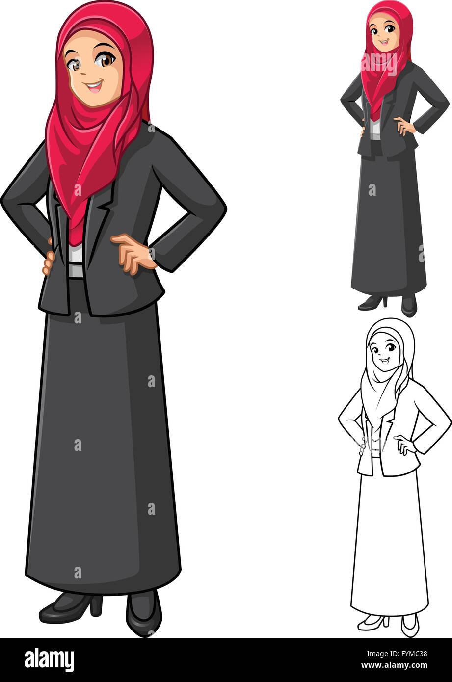 Imprenditrice musulmana che indossa velo rosso o sciarpa con le mani sul Hip personaggio dei fumetti illustrazione vettoriale Illustrazione Vettoriale