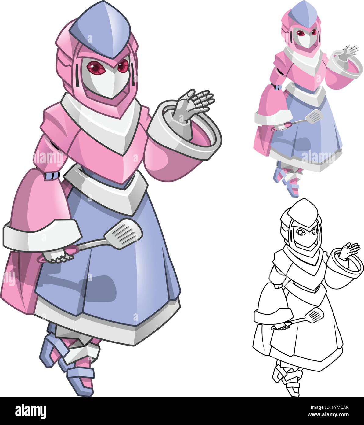 Chef Robot donna con mani accogliente personaggio dei fumetti includono design piatto e Line Art versione illustrazione vettoriale Illustrazione Vettoriale