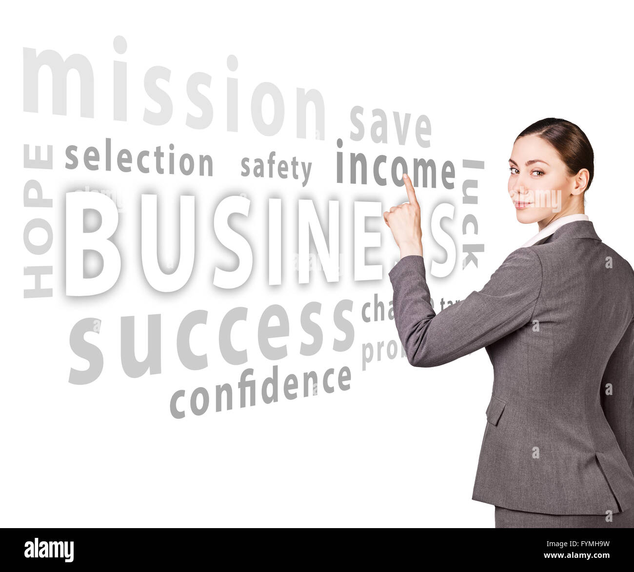 Business donna seleziona Parola nelle parole di cloud Foto Stock