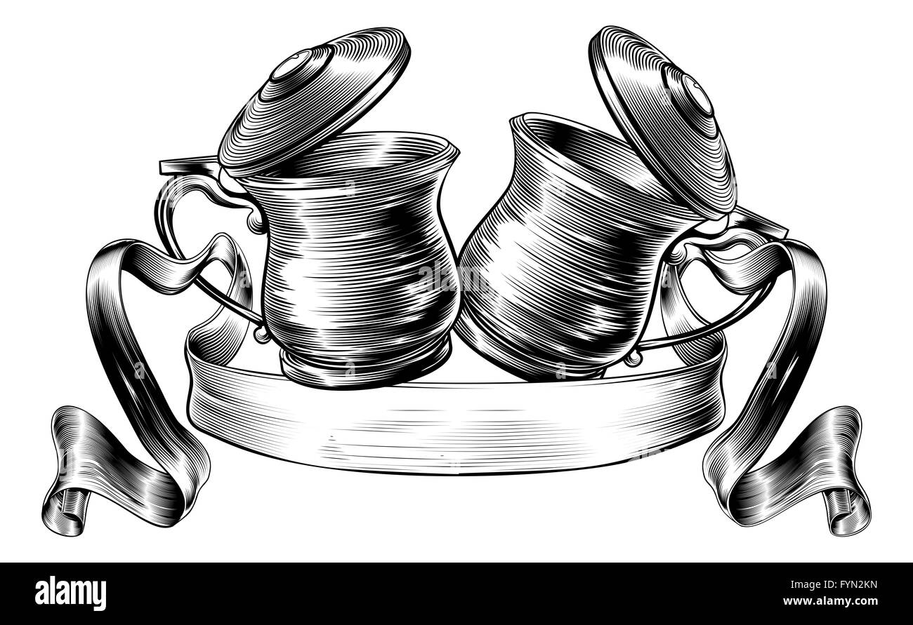 Una illustrazione di una birra tradizionale stein o boccali chinking insieme in un prost toast con banner o scorrere in una xilografia st Foto Stock