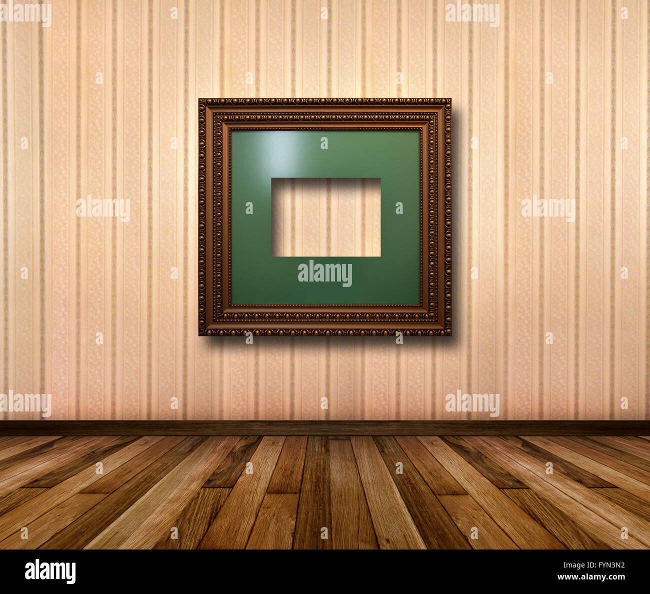 Interno della camera con carta da parati a strisce e oro cornici in legno Foto Stock