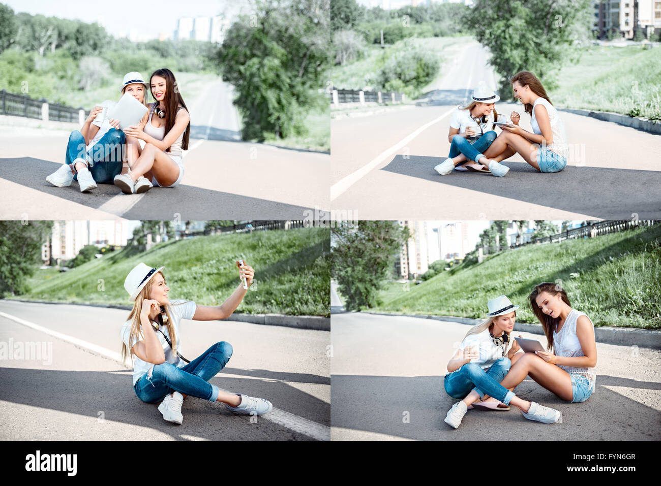 Autostop su internet con caffè, ragazze e musica. Foto Stock