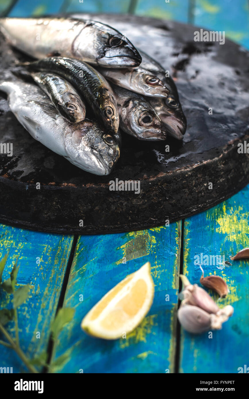 Pesce crudo. Orate, spigole, sgombri e sardine. Blu sullo sfondo di legno Foto Stock