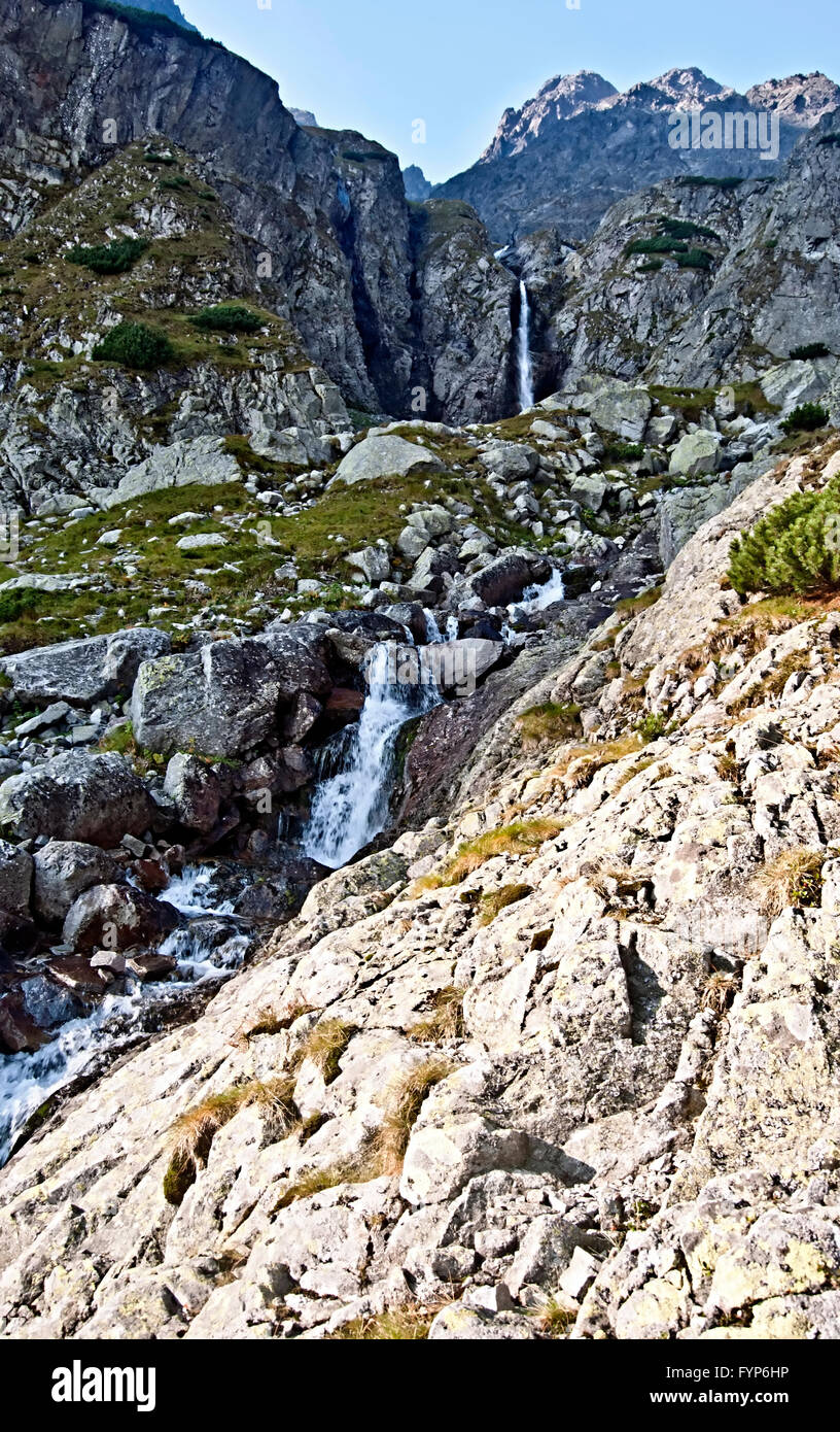 Seríes di cascate in Velka Zmrzla dolina valley in Alti Tatra con picchi sullo sfondo Foto Stock