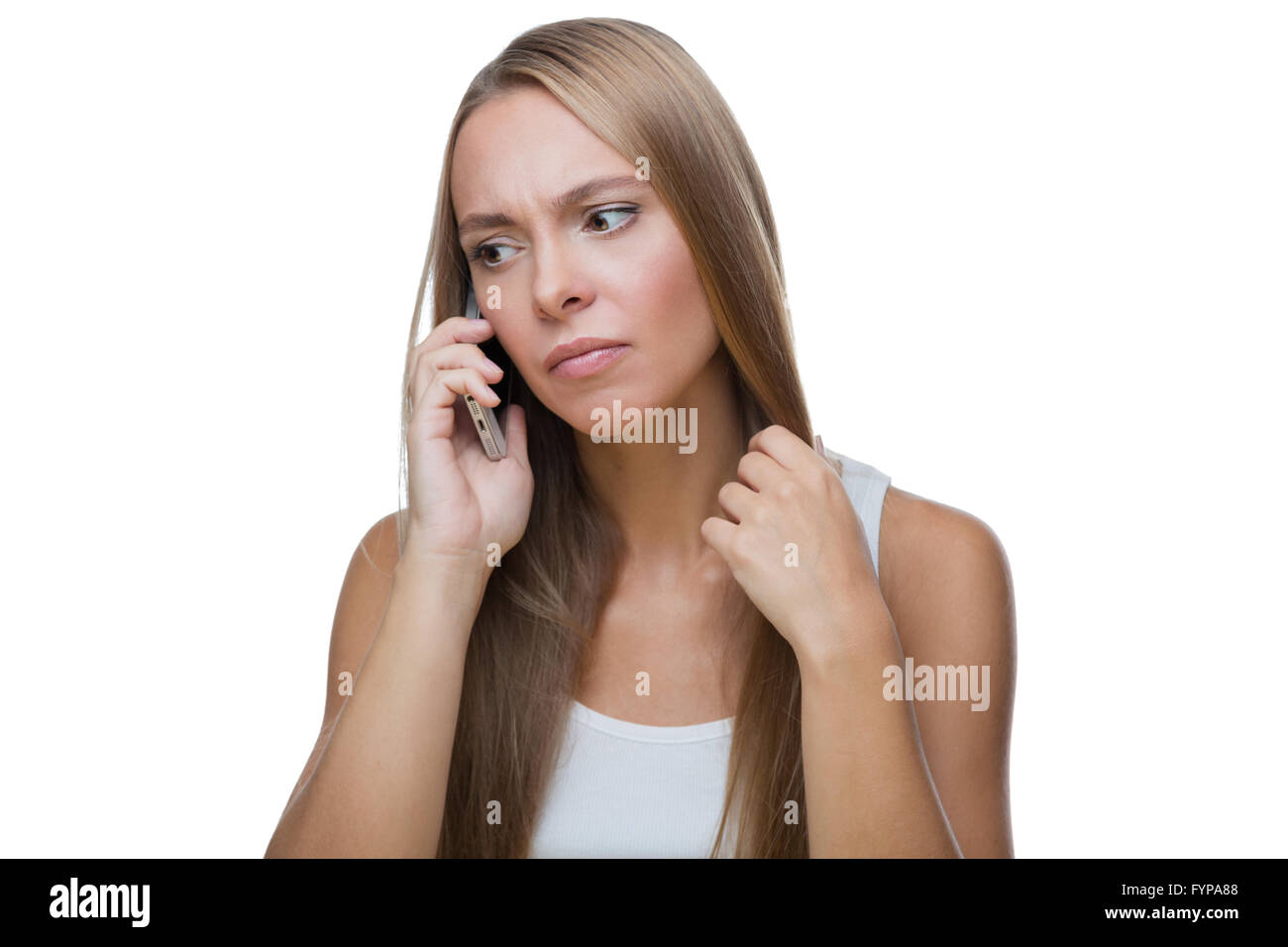 Triste Donna che parla al telefono Foto Stock