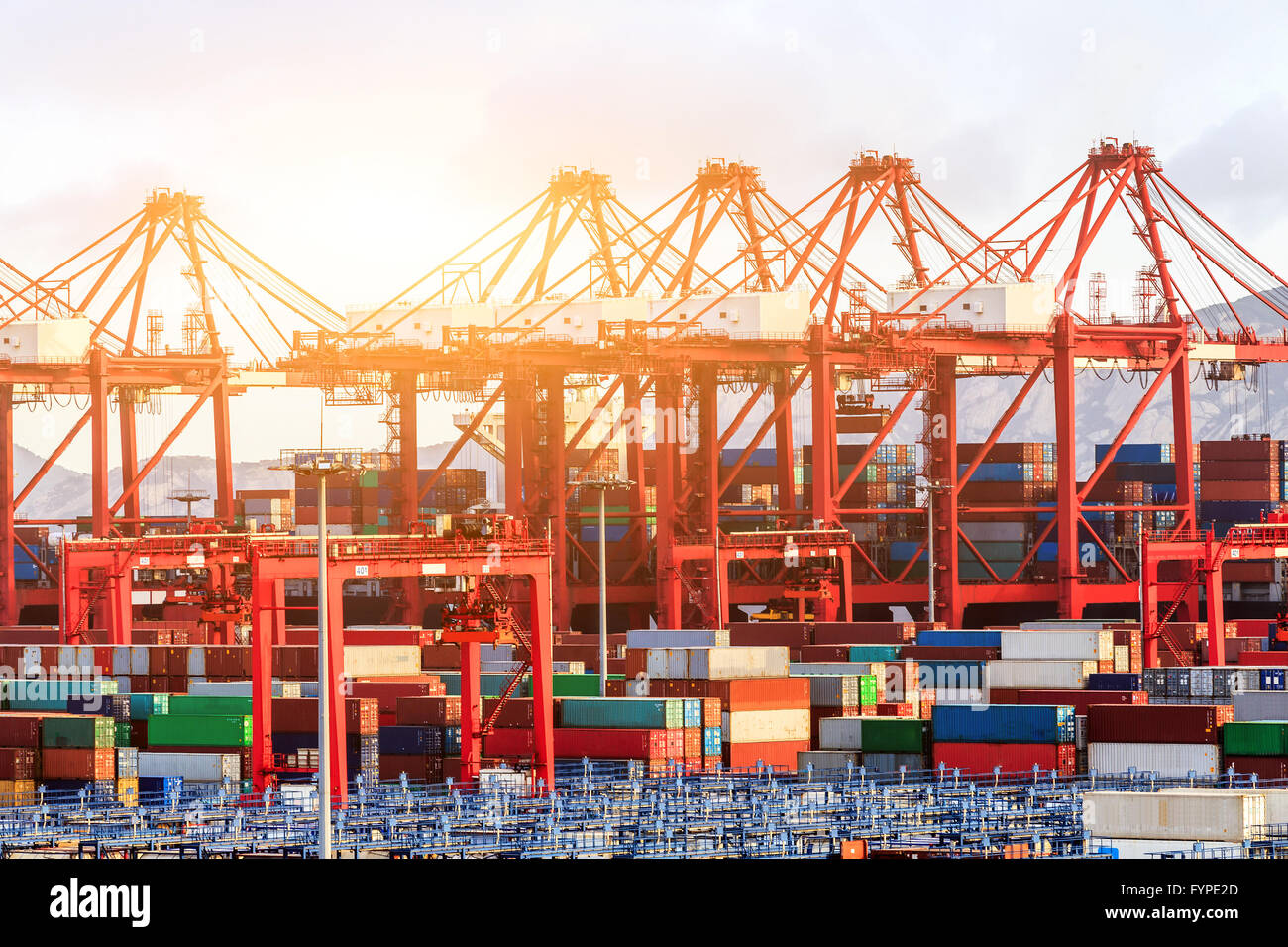 Porto industriale all'alba al Porto di Shanghai Foto Stock