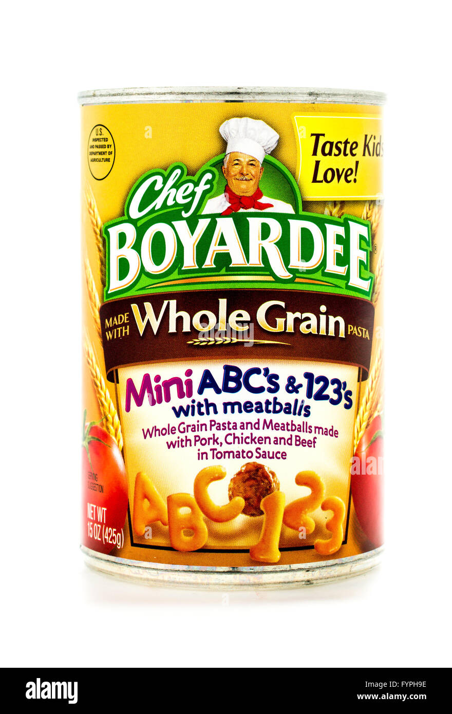 Winneconne, WI - 3 Febbraio 2015: Può di Mini ABC & 123's con polpette di carne dallo Chef Boyardee. Lo Chef Boyardeee ha goduto Foto Stock