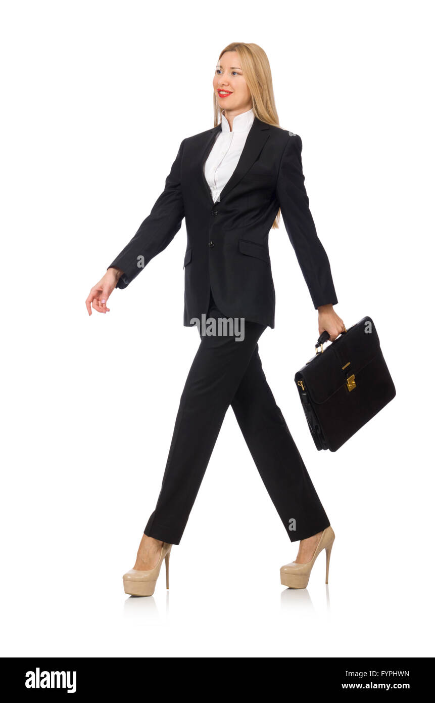 La donna imprenditrice con valigetta isolato su bianco Foto Stock