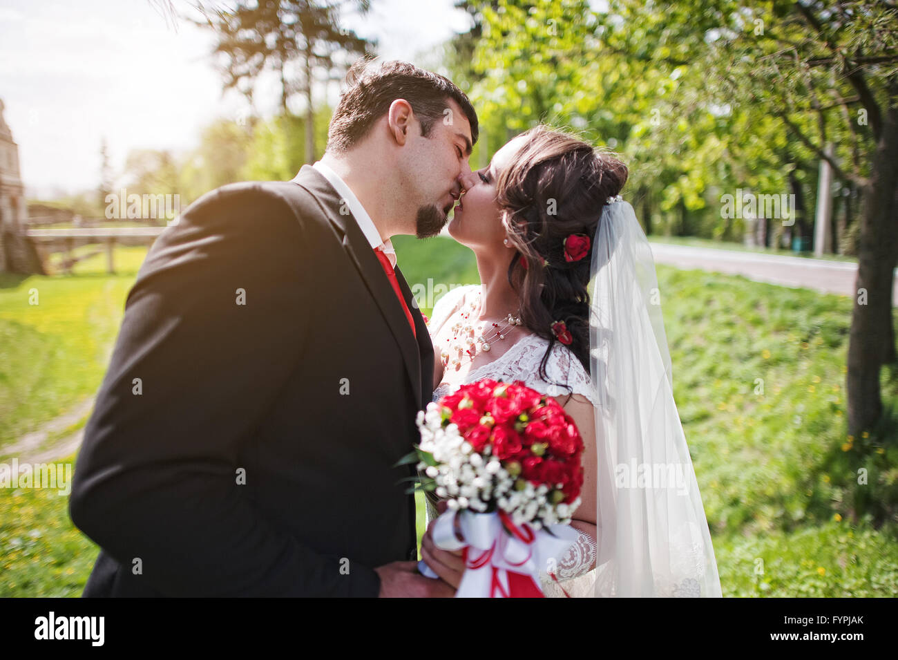Bacio di le coppie in viaggio di nozze Foto Stock