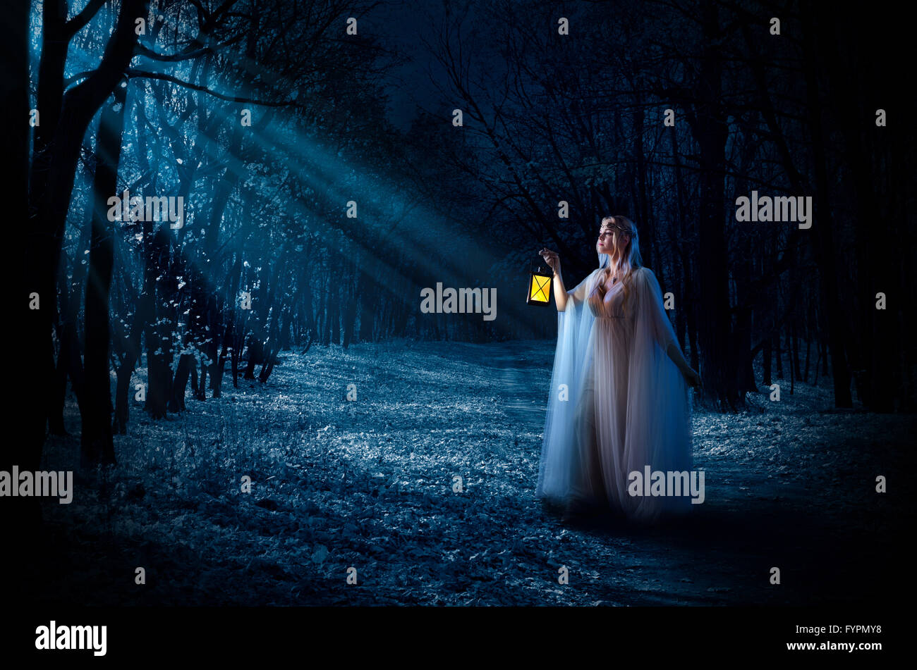Giovane ragazza degli elfi con la lanterna di notte forest Foto Stock