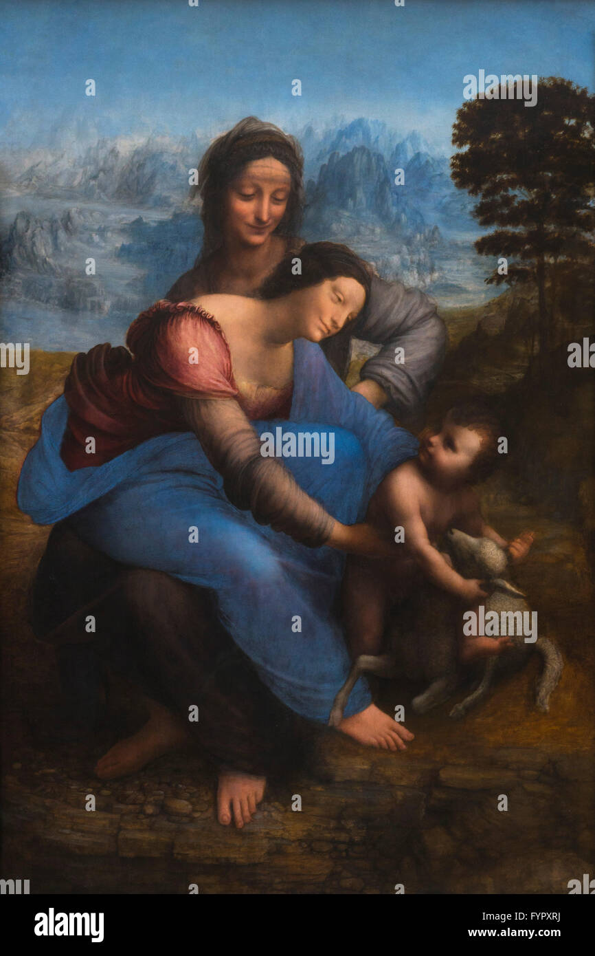 La Vergine con il Bambino e Sant'Anna di Leonardo da Vinci 1508-10, olio su legno,Musee du Louvre, Parigi Francia, Europa Foto Stock