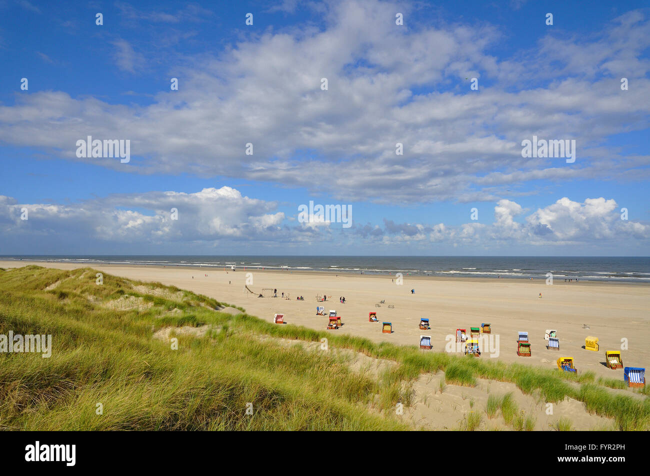 Sedie a sdraio sulla spiaggia, isola, Juist, Est Isole Frisone, Bassa Sassonia, Germania Foto Stock