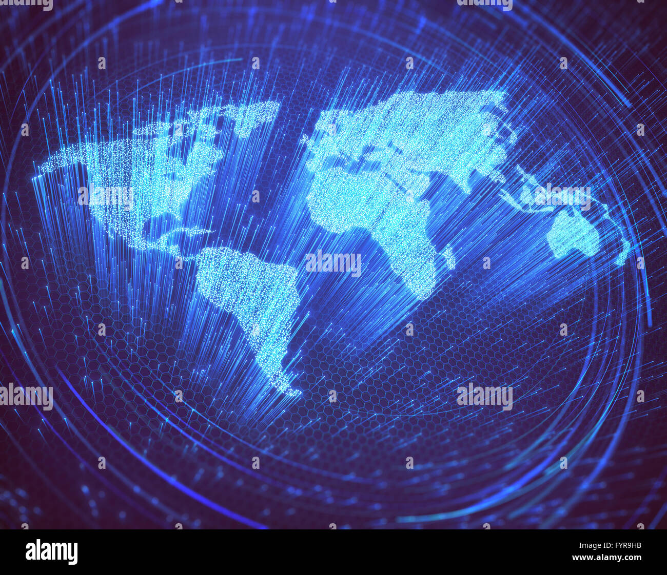 Fibre ottiche illuminate in forma di mappa del mondo. Immagine 3D concetto di comunicazione globale mediante fibra ottica. Foto Stock