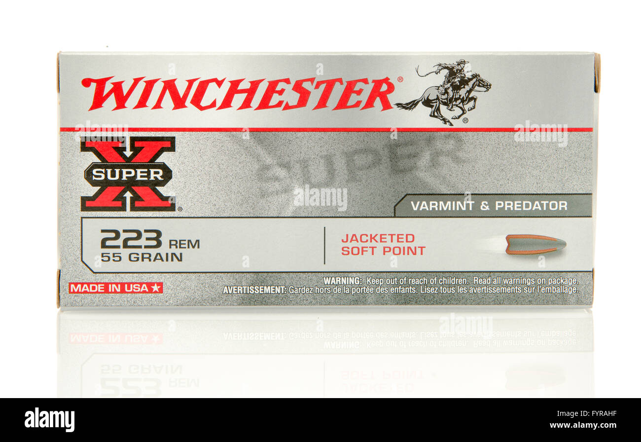 Winneconne, WI - 10 GEN 2016: casella di Winchester 223 incamiciato punto morbido round. Foto Stock