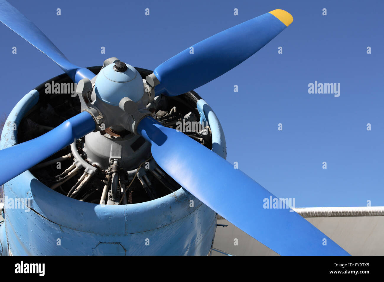 Vista dettagliata del vecchio motore aereo con elica contro il cielo blu Foto Stock
