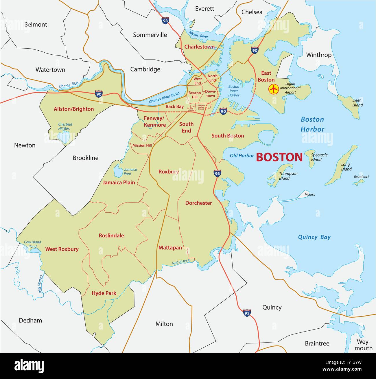 Boston mappa amministrativa Illustrazione Vettoriale