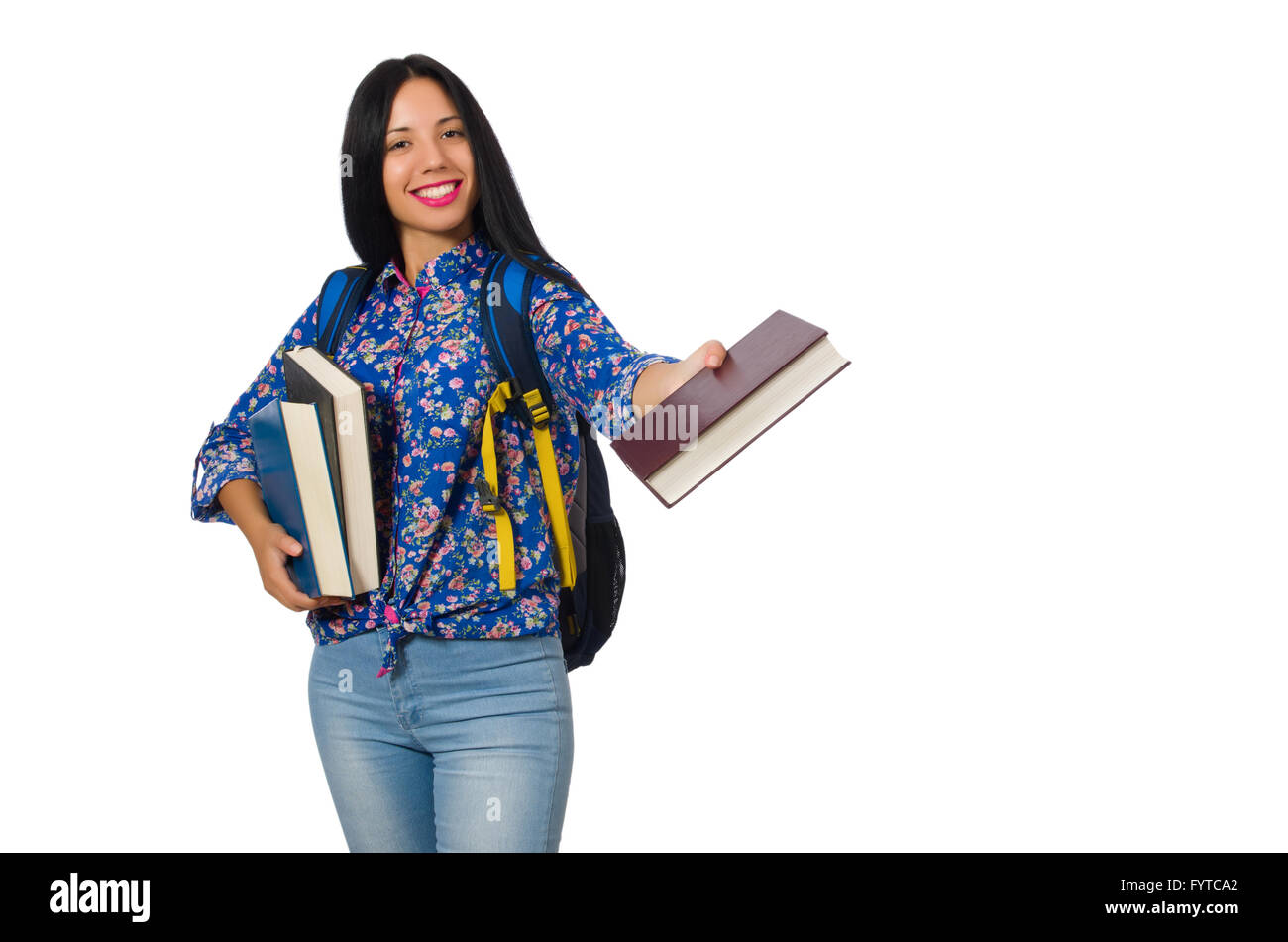 Giovane studentessa con libri su bianco Foto Stock