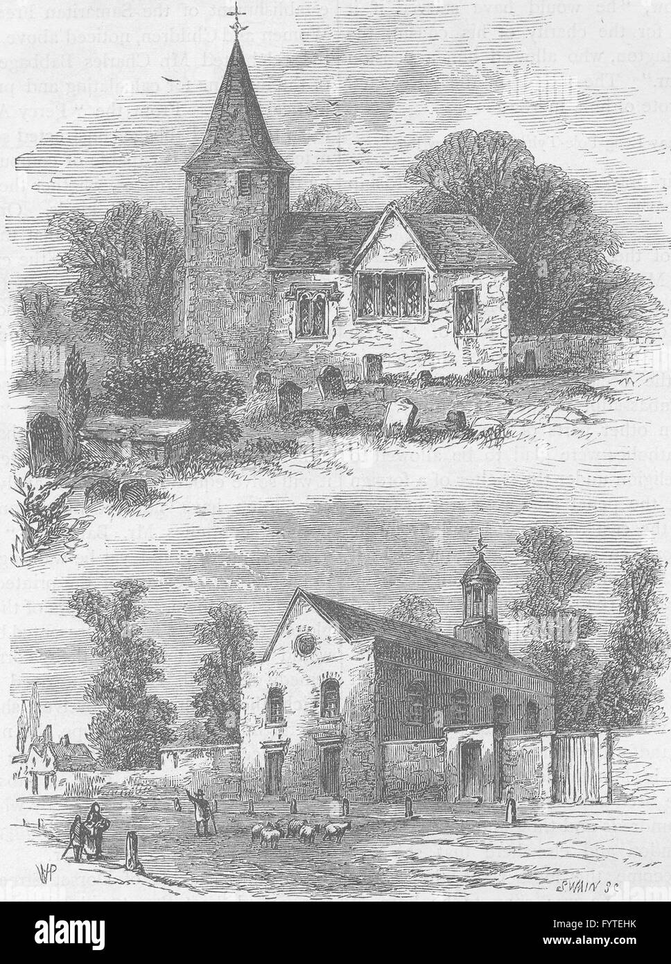 MARYLEBONE: Chiesa di Marylebone nel sedicesimo secolo e nel 1750. Londra, c1880 Foto Stock