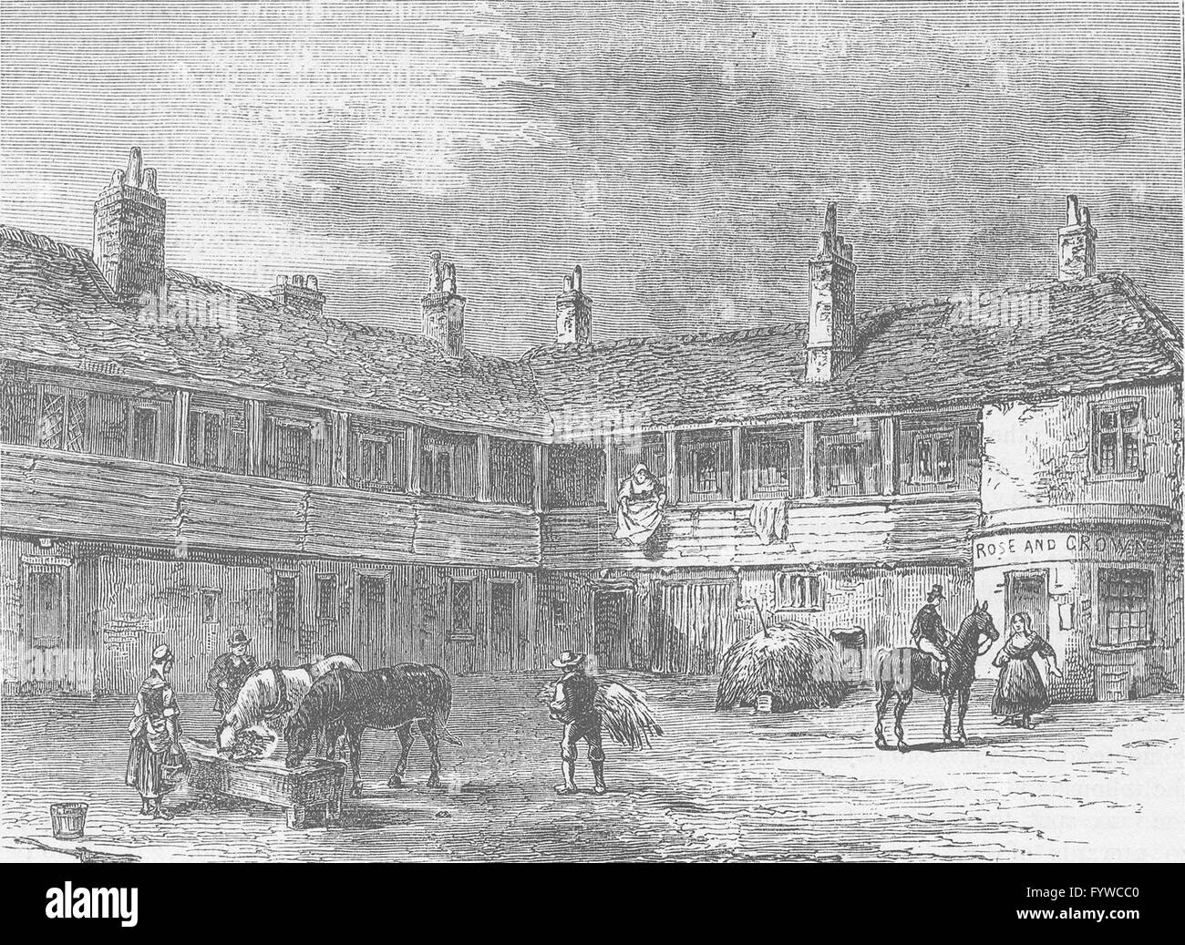 LONDON INNS: Cortile del 'Rose and Crown", 1820, antica stampa c1880 Foto Stock