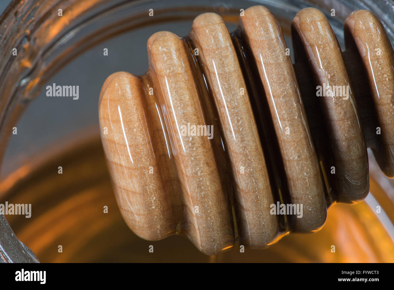 Miele di legno coperto del bilanciere in miele sulla ciotola di vetro di miele Foto Stock