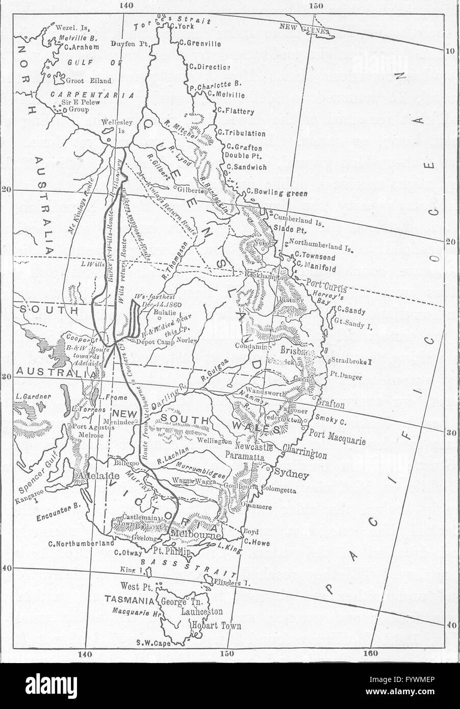 AUSTRALIA: mappa che mostra il percorso di Burke & Wills, antica stampa 1890 Foto Stock