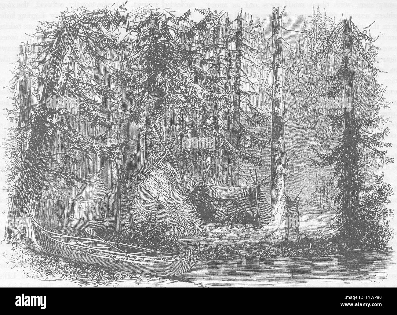 USA: Foresta Indiana & Lodges, antica stampa c1880 Foto Stock