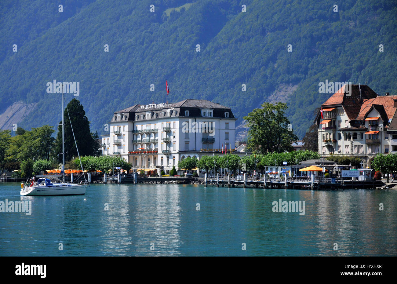 Hotel Waldstatterhof, il Lago di Lucerna, Brunnen, Canton Svitto, Svizzera / Vierwaldstattersee, Vierwaldstättersee, il Lago dei Quattro Cantoni boscose, Hotel Waldstätterhof Foto Stock