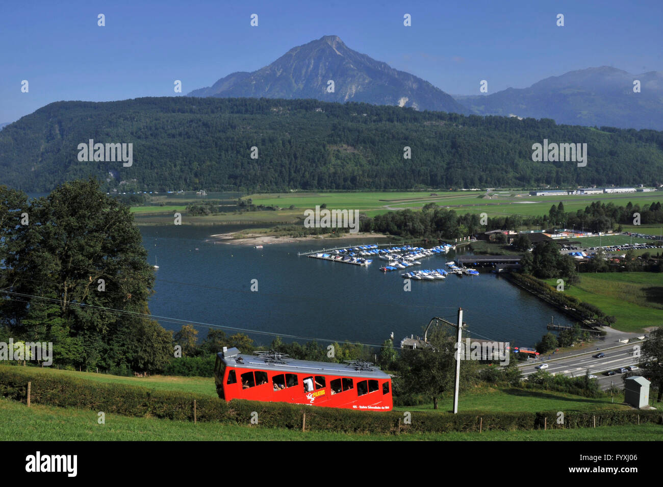 A pignone e cremagliera per ferrovia Monte Pilatus, ferrovia a cremagliera, Alpnachersee, Cantone di Obvaldo, Svizzera / Alpnacher Lago Foto Stock