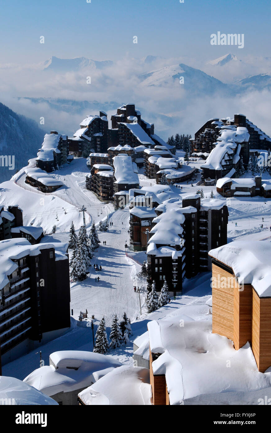 Case di legno, Appartements, Avoriaz, Portes du Soleil, Francia Foto Stock