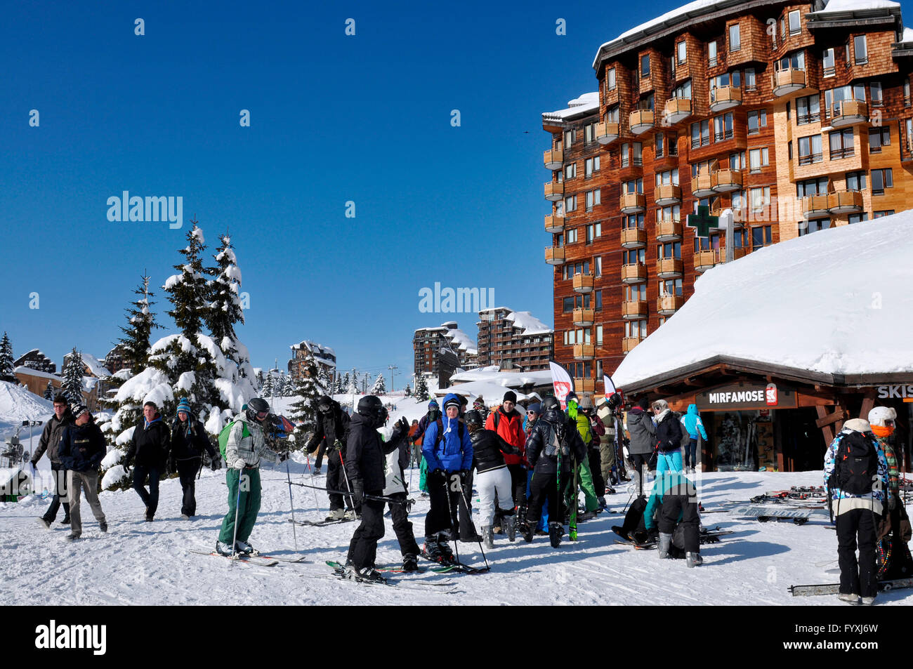 Case di legno, Appartements, Avoriaz, Portes du Soleil, Francia Foto Stock
