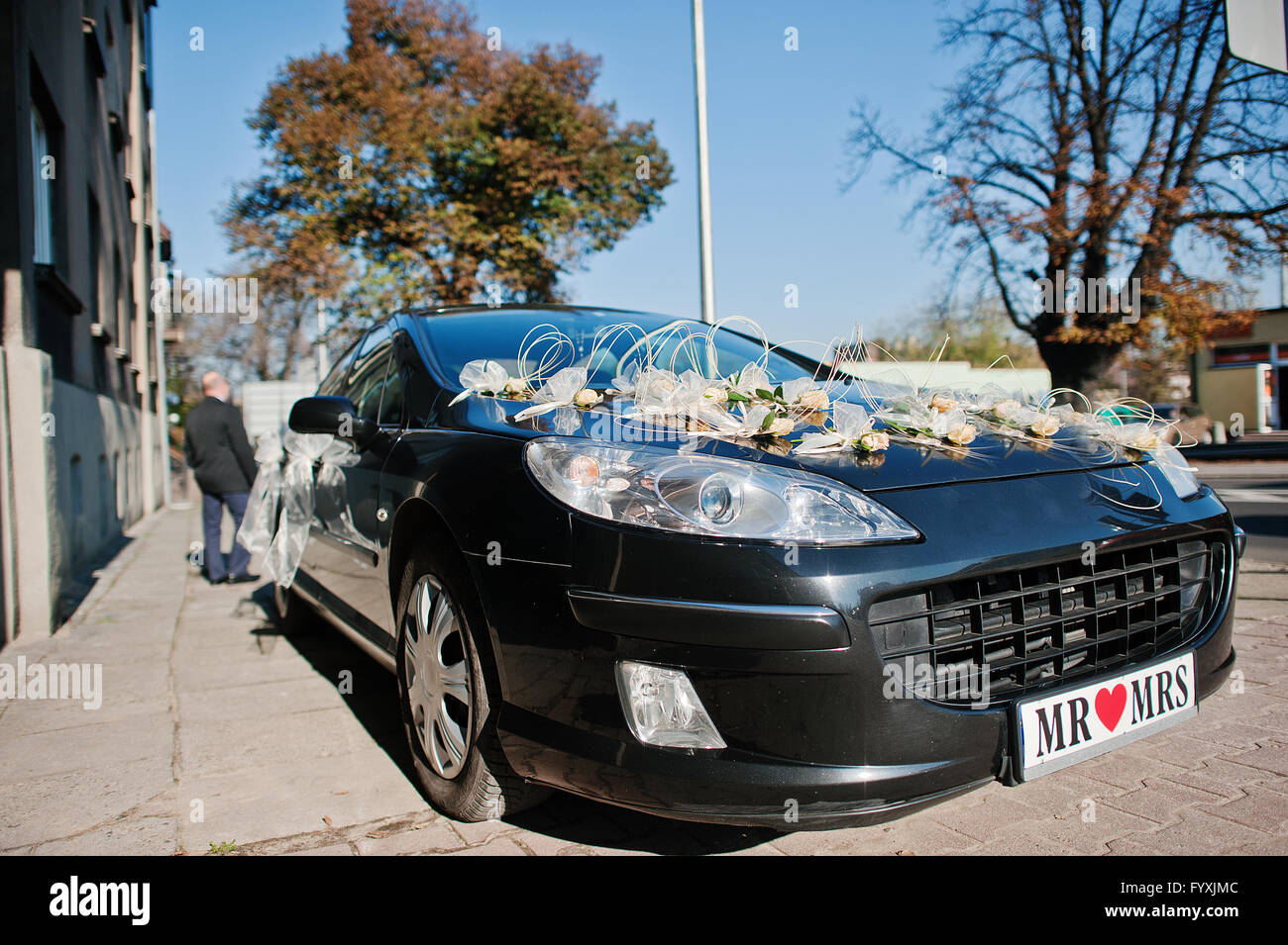 Nero auto weding con piastre il signor e la signora Foto Stock